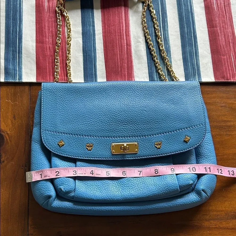 MCM Sky Blue Leather Shoulder Bag with Gold Chain impeccable